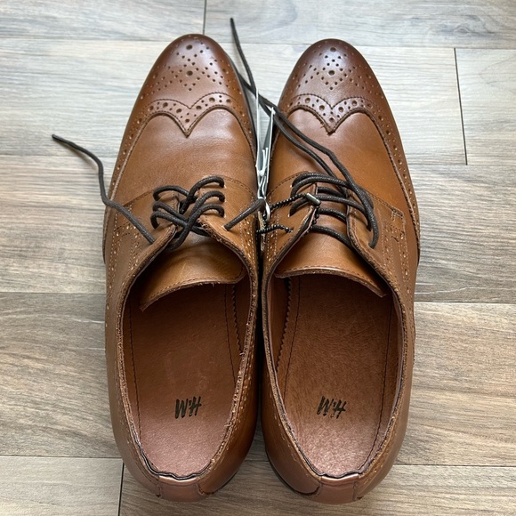 NWT H&M Real Leather Men’s Dress Shoes Size 42 EU Men’s 9 Cognac Brown Lace Up - Picture 3 of 8